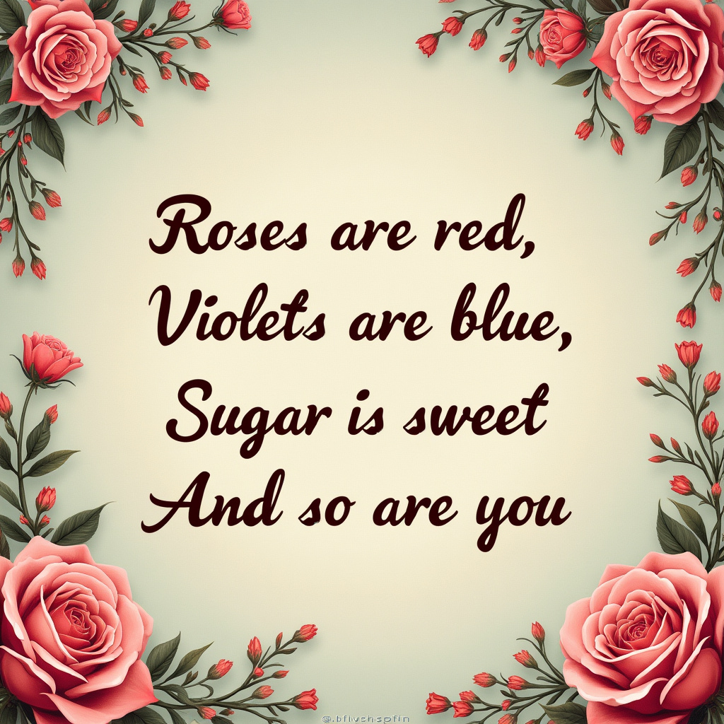 Write this poem with cursive text on a background that fits the words:
Roses are red
Violets are blue,
Sugar is sweet
And so are you.